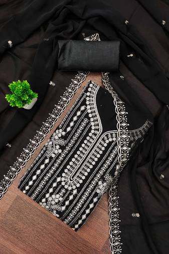 Black embroidered georgette semi stitched churidar dress-materials
