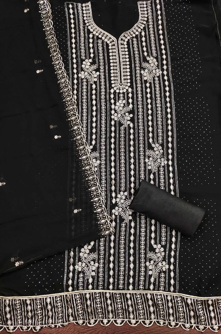 Black embroidered georgette semi stitched churidar dress-materials