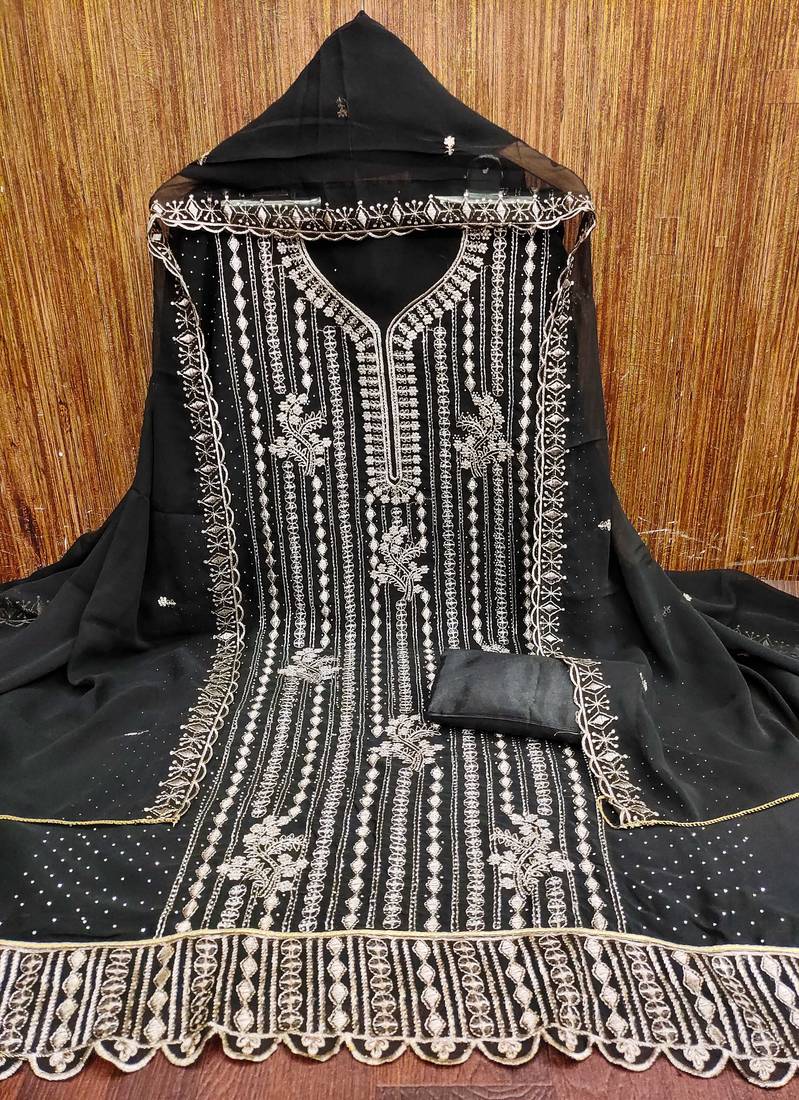 Black embroidered georgette semi stitched churidar dress-materials