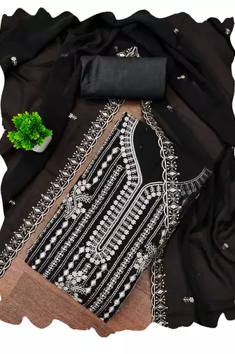 Black embroidered georgette churidar dress-materials