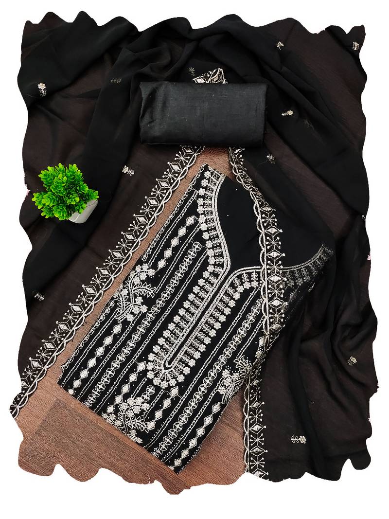 Black embroidered georgette semi stitched churidar dress-materials