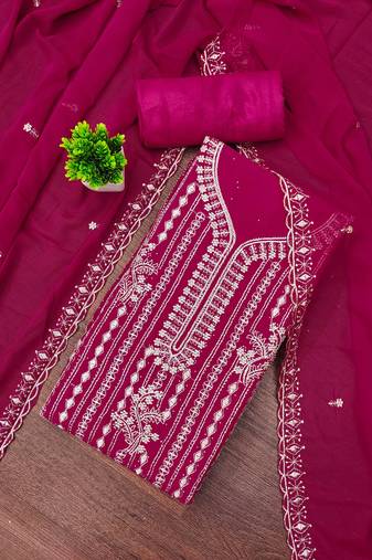 Magenta embroidered georgette semi stitched churidar dress-materials