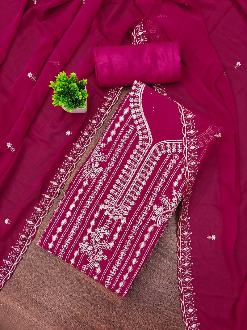 Magenta embroidered georgette semi stitched churidar dress-materials