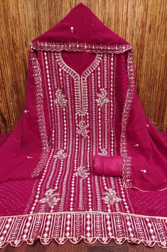 Magenta embroidered georgette churidar dress-materials