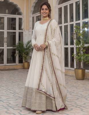 Gorgeous Off-White Embroidered Silk Wedding Wear Gown With Dupatta 1