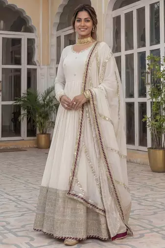 Gorgeous Off-White Embroidered Silk Wedding Wear Gown With Dupatta