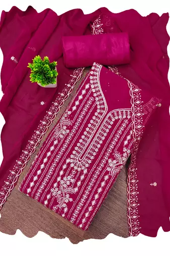 Magenta embroidered georgette churidar dress-materials