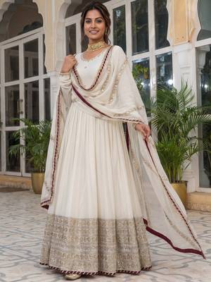 Gorgeous Off-White Embroidered Silk Wedding Wear Gown With Dupatta 3