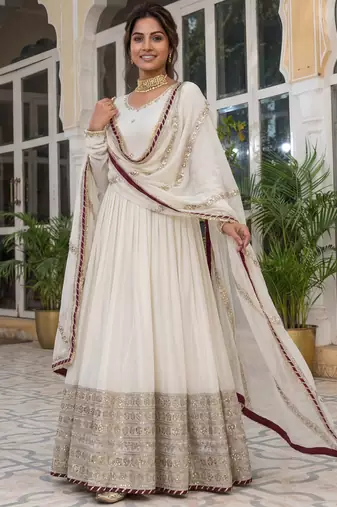Gorgeous Off-White Embroidered Silk Wedding Wear Gown With Dupatta