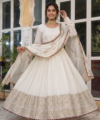 Gorgeous Off-White Embroidered Silk Wedding Wear Gown With Dupatta 4