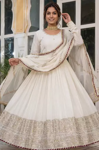 Gorgeous Off-White Embroidered Silk Wedding Wear Gown With Dupatta
