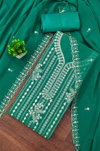 Sea-green embroidered georgette semi stitched churidar dress-materials