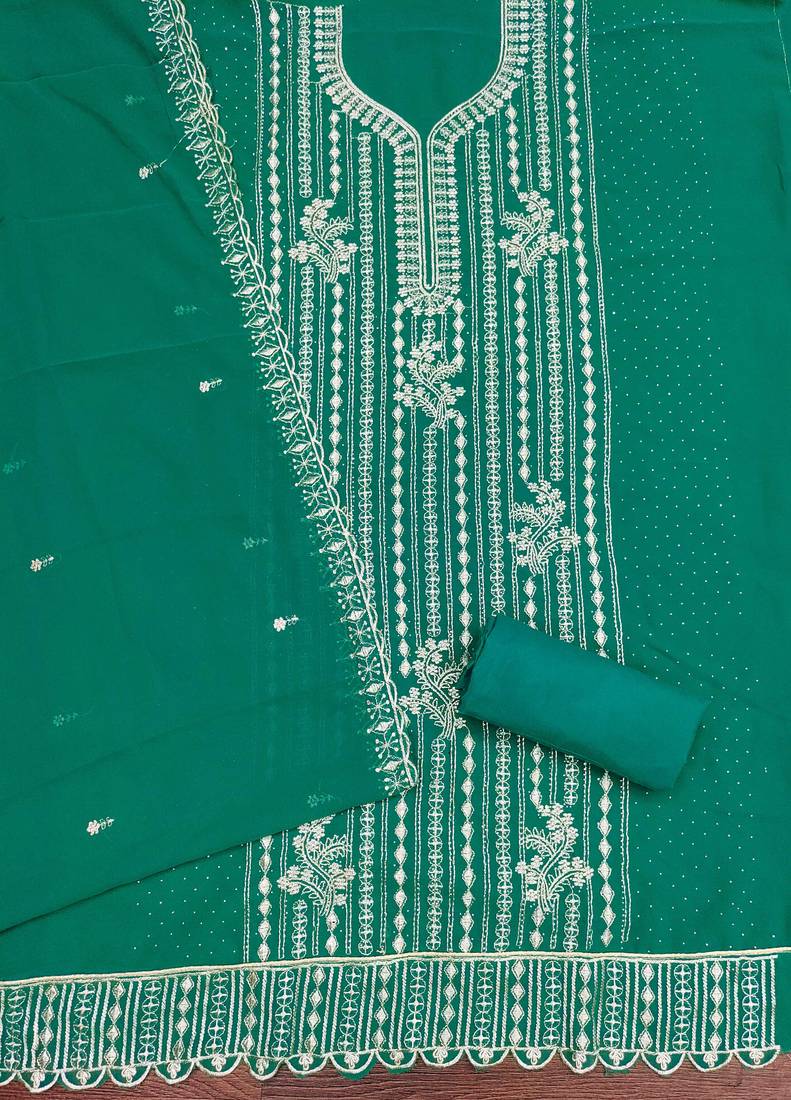 Sea-green embroidered georgette semi stitched churidar dress-materials
