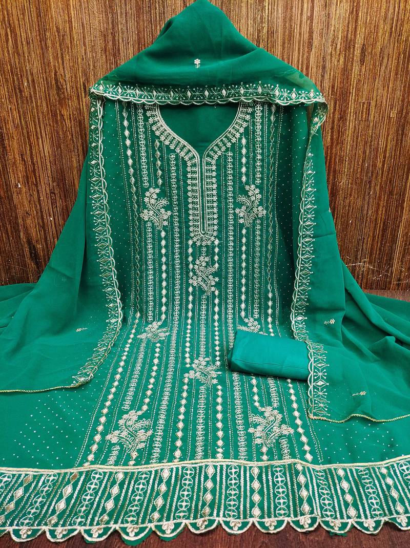 Sea-green embroidered georgette semi stitched churidar dress-materials
