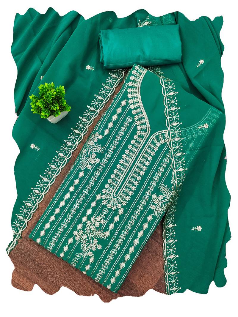 Sea-green embroidered georgette semi stitched churidar dress-materials