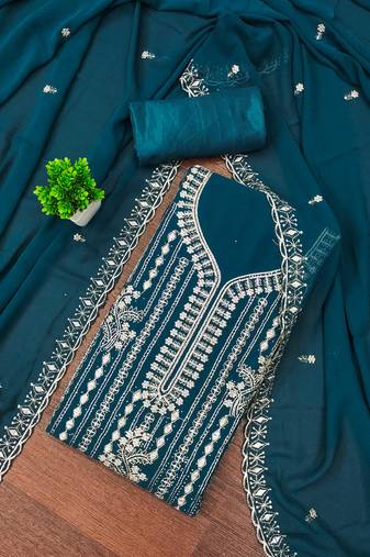 Teal-blue embroidered georgette semi stitched churidar dress-materials