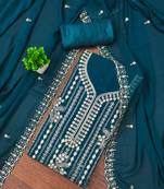 Teal-blue embroidered georgette semi stitched churidar dress-materials