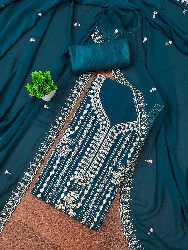 Teal-blue embroidered georgette semi stitched churidar dress-materials