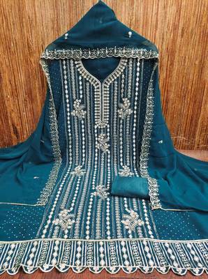 Teal-blue embroidered georgette churidar dress-materials 3