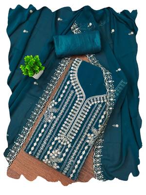 Teal-blue embroidered georgette churidar dress-materials 4