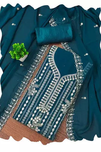 Teal-blue embroidered georgette churidar dress-materials