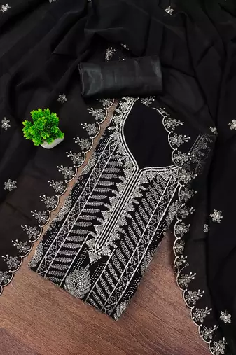 Black embroidered georgette semi stitched churidar dress-materials