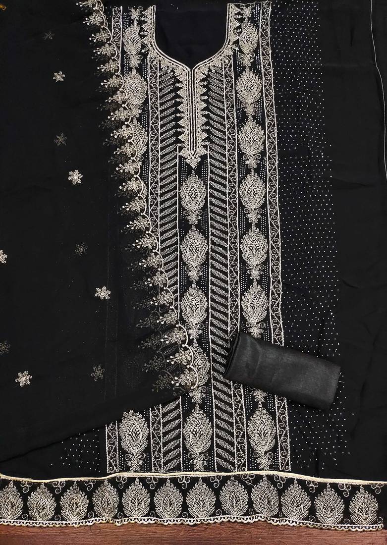 Black embroidered georgette semi stitched churidar dress-materials