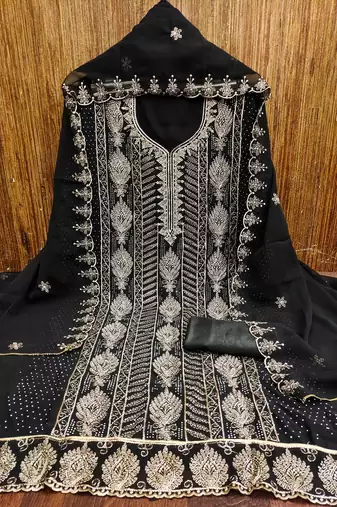 Black embroidered georgette churidar dress-materials