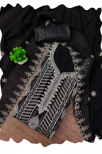 Black embroidered georgette churidar dress-materials
