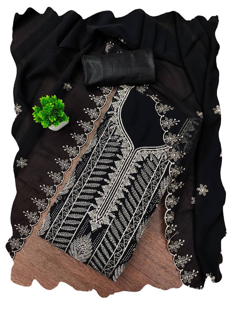 Black embroidered georgette semi stitched churidar dress-materials