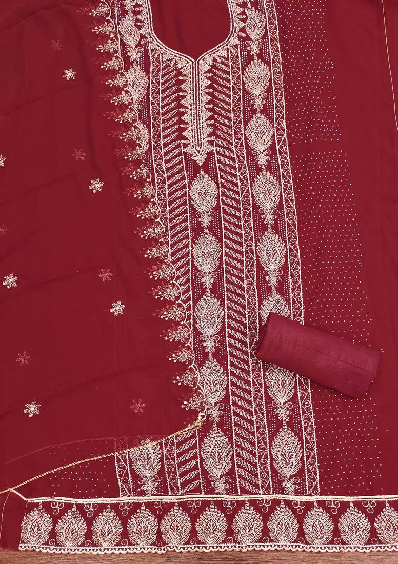 Maroon embroidered georgette semi stitched churidar dress-materials