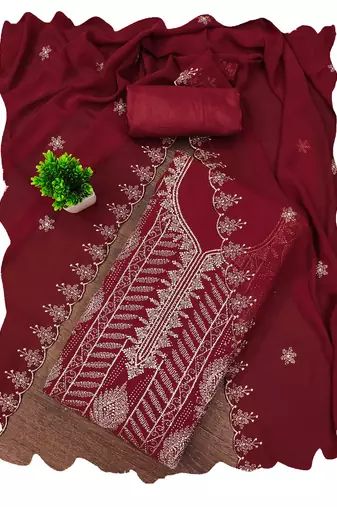 Maroon embroidered georgette churidar dress-materials