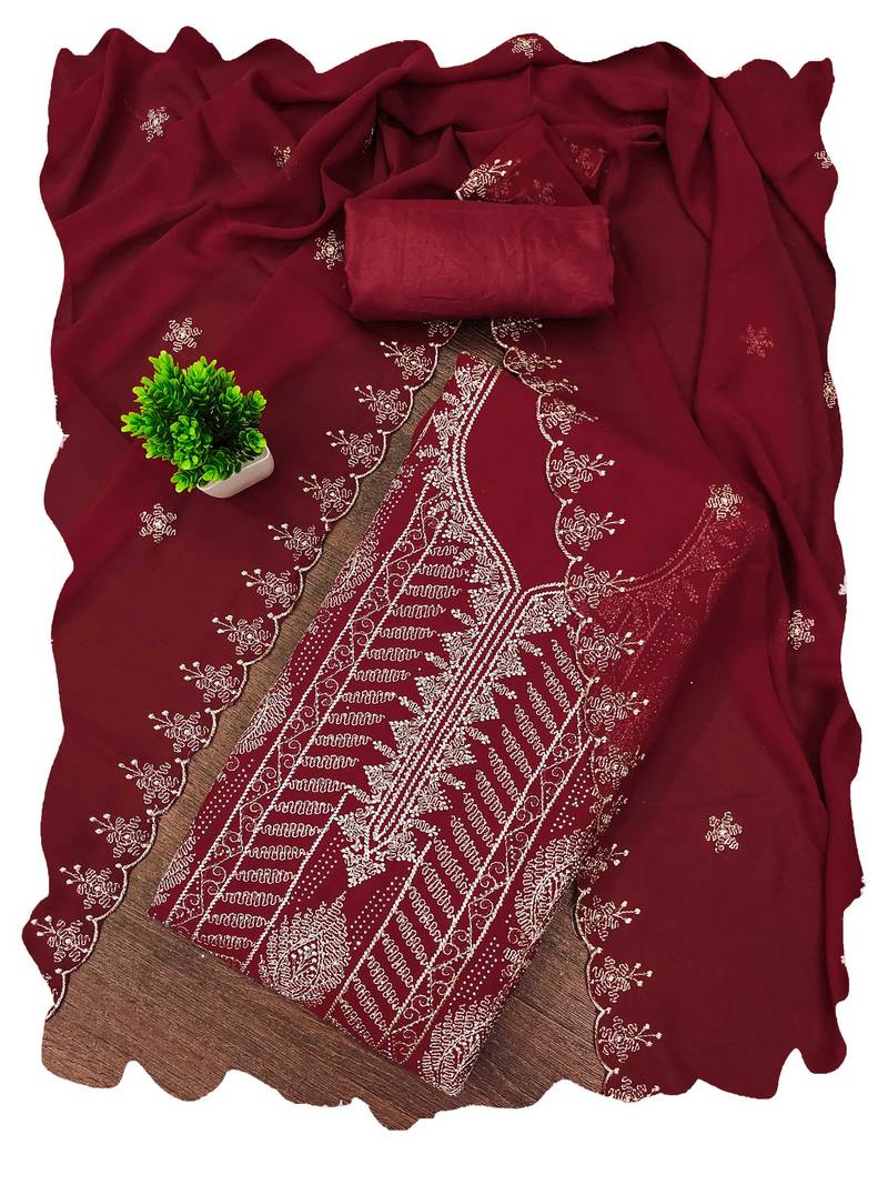 Maroon embroidered georgette semi stitched churidar dress-materials