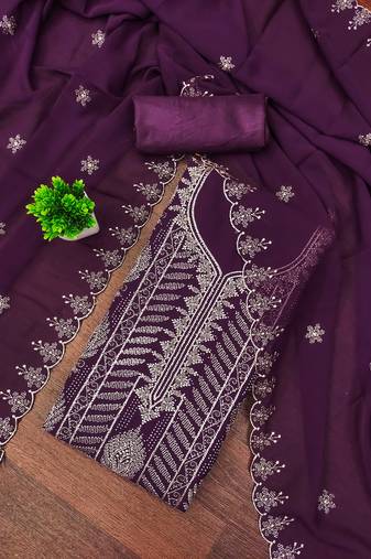 Purple embroidered georgette semi stitched churidar dress-materials