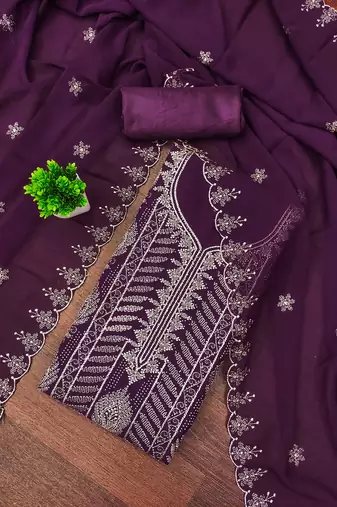 Purple embroidered georgette semi stitched churidar dress-materials