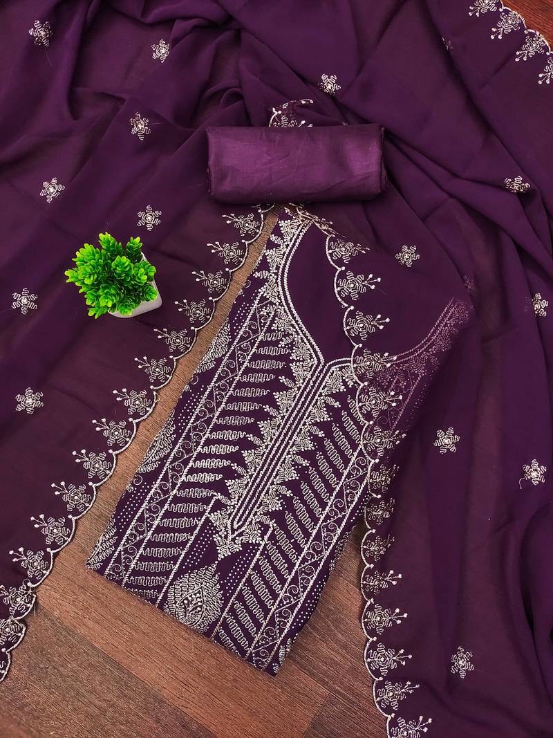 Purple embroidered georgette semi stitched churidar dress-materials