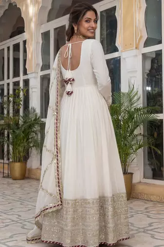 Gorgeous Off-White Embroidered Silk Wedding Wear Gown With Dupatta