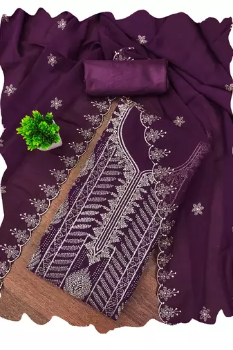 Purple embroidered georgette churidar dress-materials