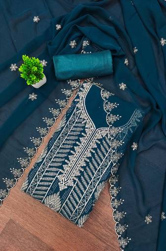 Teal-blue embroidered georgette semi stitched churidar dress-materials