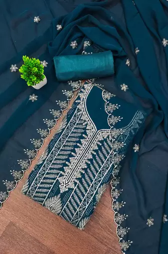 Teal-blue embroidered georgette semi stitched churidar dress-materials