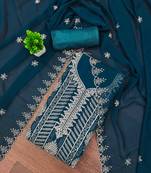 Teal-blue embroidered georgette semi stitched churidar dress-materials