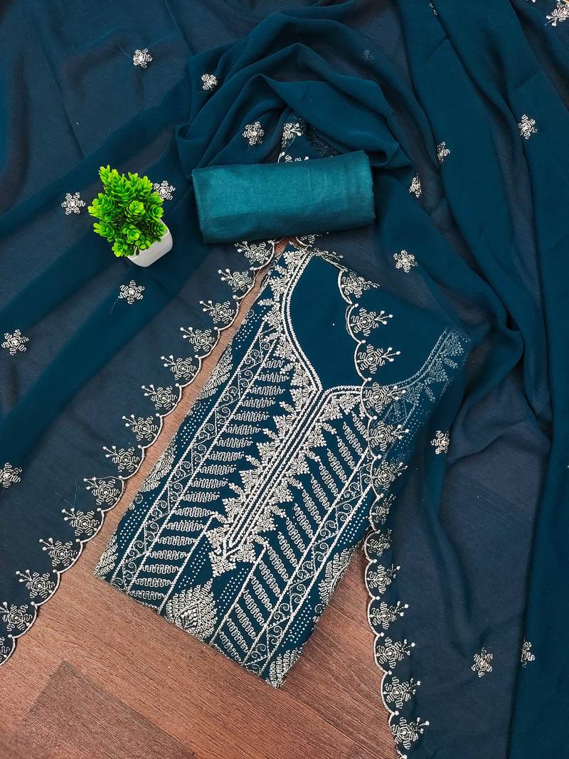 Teal-blue embroidered georgette semi stitched churidar dress-materials
