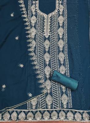Teal-blue embroidered georgette churidar dress-materials 2