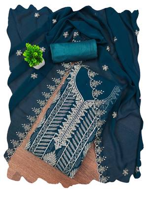 Teal-blue embroidered georgette churidar dress-materials 4