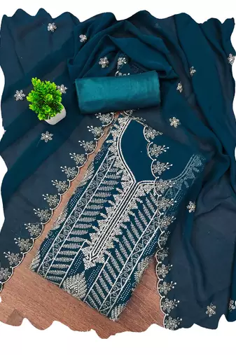 Teal-blue embroidered georgette churidar dress-materials
