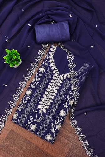 Blue embroidered georgette semi stitched churidar dress-materials