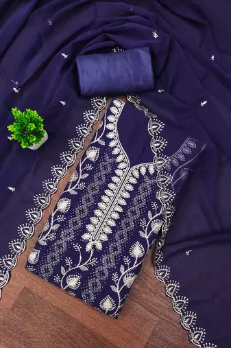 Blue embroidered georgette semi stitched churidar dress-materials