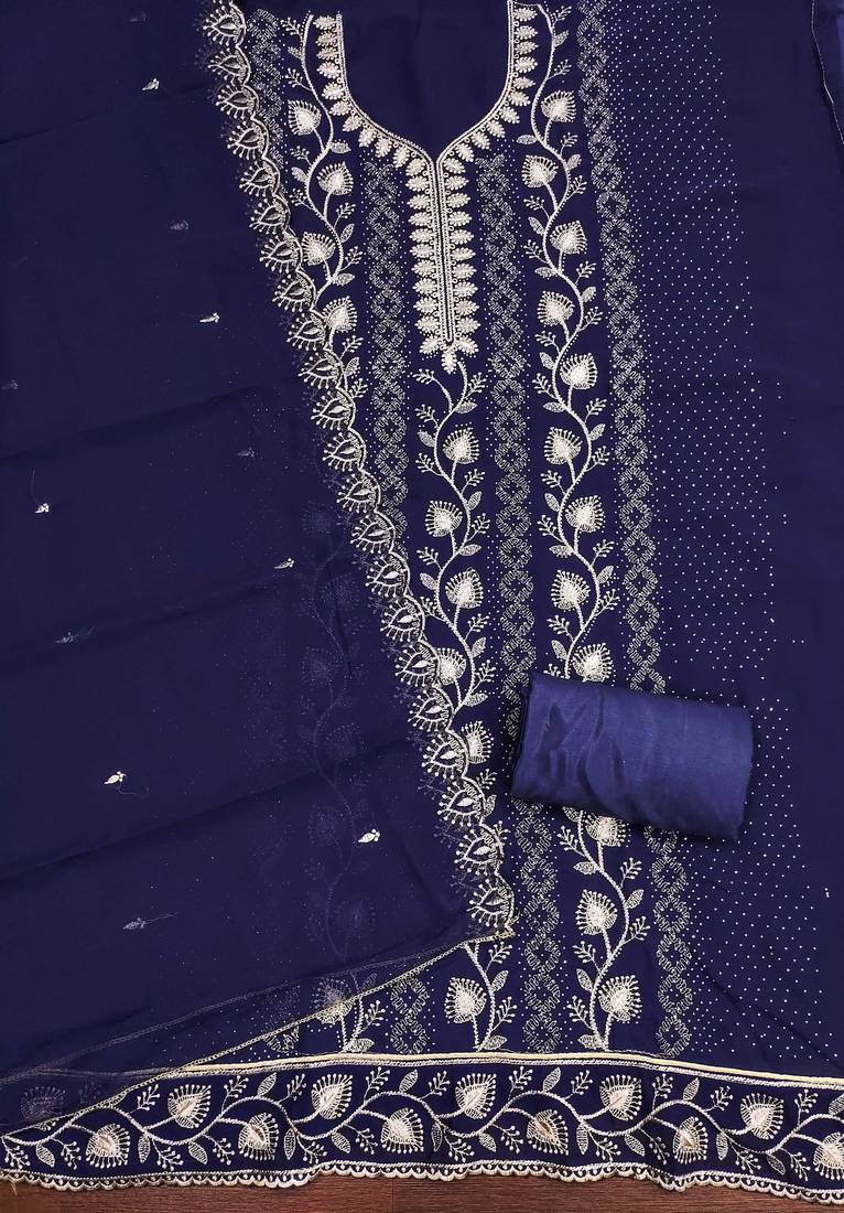 Blue embroidered georgette semi stitched churidar dress-materials