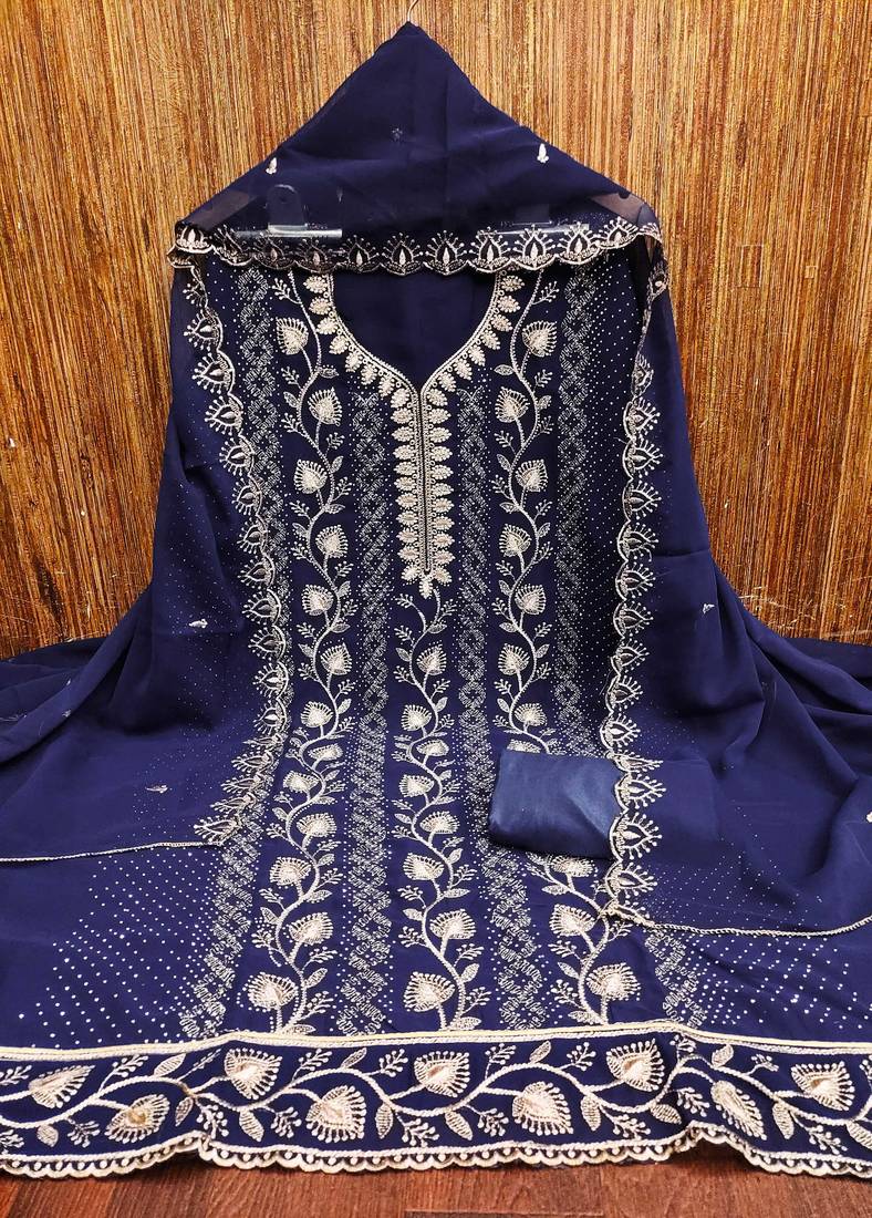 Blue embroidered georgette semi stitched churidar dress-materials