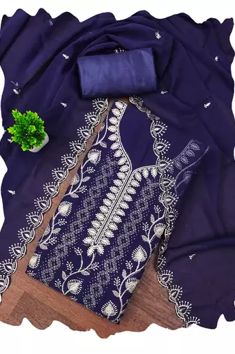 Blue embroidered georgette churidar dress-materials